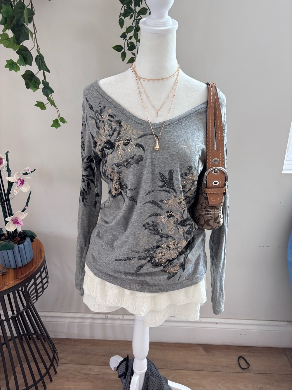 Tribal Gray Floral Off-the-Shoulder Sweater with Metallic Accents